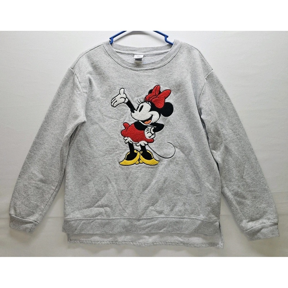 Disney Women's L Minnie Mouse Gray‎ Embroidered High Low Crewneck Kidcore